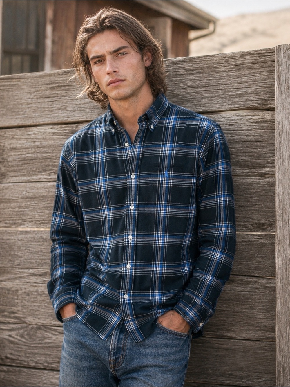 Ralph Lauren Men Blue Plaid Button Down Shirt MEDIUM Classic Western Luxury